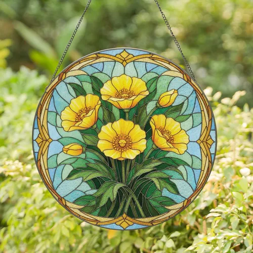 Yellow Poppy Floral Green Leaves - Home Decor Gift for Garden Lover Stained Glass Suncatcher
