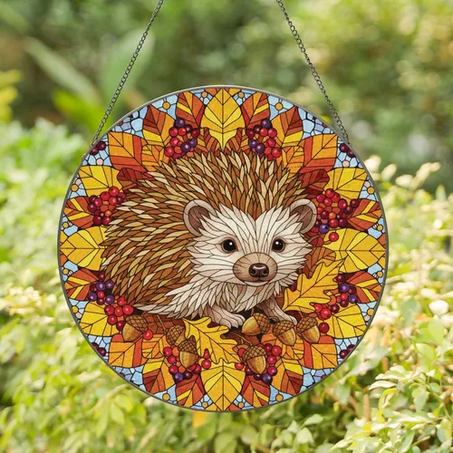 Hedgehog Autumn Leaves Clear Sky Red Berries Acorns - Home Decor Gift for Wildlife Lover Stained Glass Suncatcher