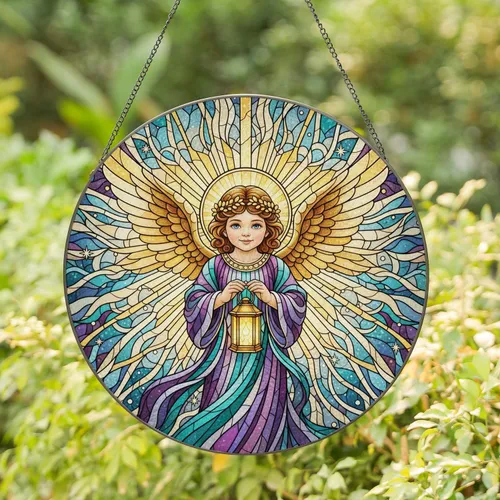 Cherubic Angel Golden Lantern Luminous Golden Wings Blue Eyes - Home Decor Gift for Angel Lover Stained Glass Suncatcher