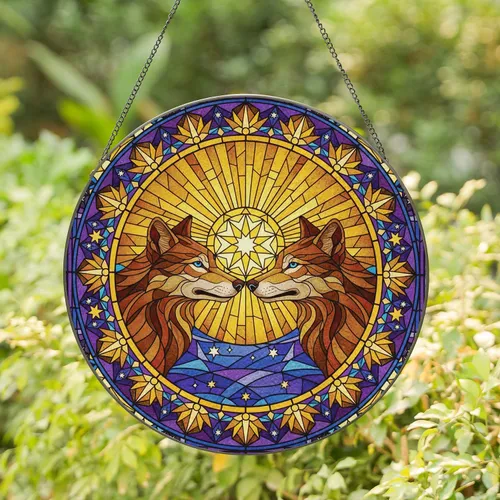 Two Majestic Wolves Sunburst Star Celestial - Wildlife Lover Home Decor Gift Stained Glass Suncatcher