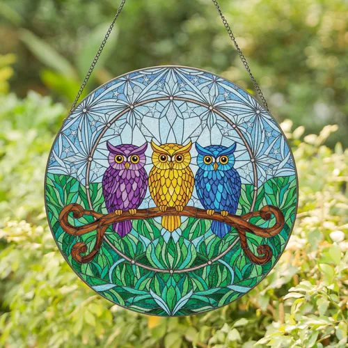 Three Owls Dreamcatcher Frame Branch Foliage Mosaic - Home Decor Gift for Owl Lovers Stained Glass Suncatcher