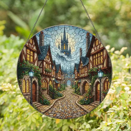 Medieval Village Gothic Castle Cobblestone Street - Home Decor Gift Stained Glass Suncatcher