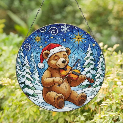 Brown Bear Santa Hat Violin Snow Forest - Christmas Gift for Bear Lover Stained Glass Suncatcher