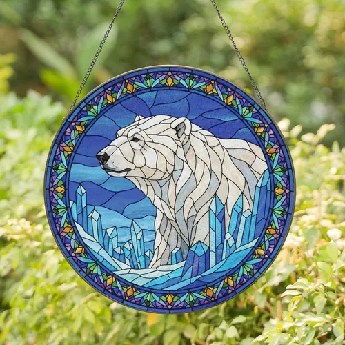 Stained Glass Polar Bear Ice Crystals Mosaic - Arctic Wildlife Home Decor Gift for Nature Lover Stained Glass Suncatcher