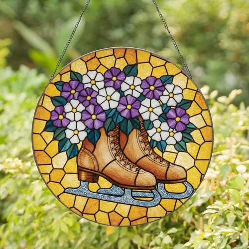 Ornate Ice Skates Floral Square - Home Decor Gift for Skating Enthusiast Stained Glass Suncatcher