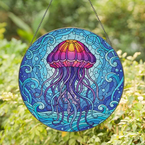 Majestic Jellyfish Ocean Waves Aquatic Patterns - Home Decor Gift for Ocean Lover Stained Glass Suncatcher