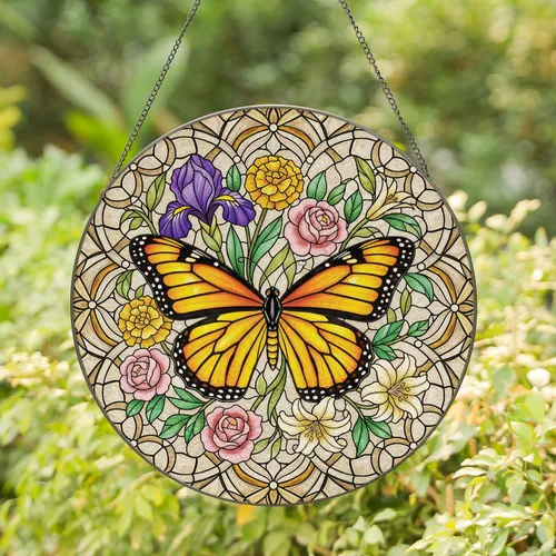 Monarch Butterfly Floral Garden - Home Decor Gift for Garden Lover Stained Glass Suncatcher