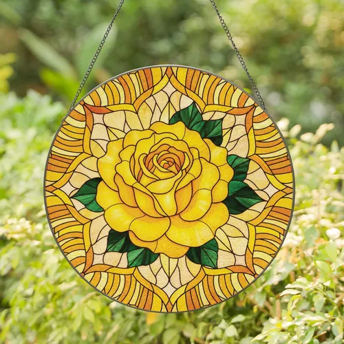 Yellow Rose with Voluminous Petals and Five-Lobed Border - Home Decor Gift for Flower Lovers Stained Glass Suncatcher