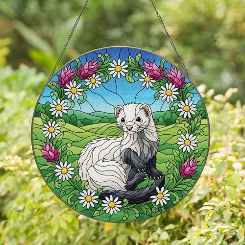 White Ferret Floral Landscape - Wildlife Lover Home Decor Gift Stained Glass Suncatcher