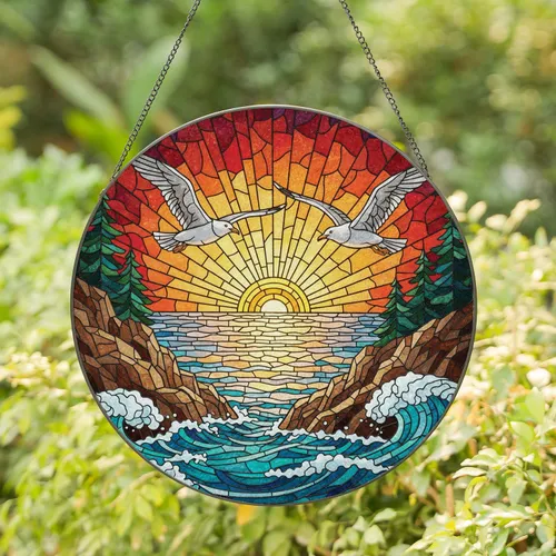 Seagulls Coastal Sunset Cliffs Ocean Waves - Home Decor Gift for Ocean Lover Stained Glass Suncatcher