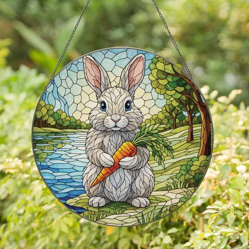 Fluffy Rabbit Carrot Natural Serene Landscape Water Hills - Wildlife Home Decor Gift Stained Glass Suncatcher