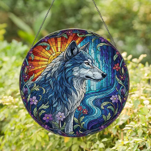 Wolf Profile Floral Sunburst - Home Decor Gift for Wildlife Lovers Stained Glass Suncatcher