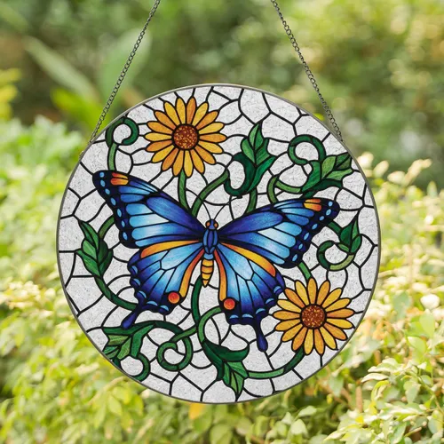 Butterfly Daisy Flowers Leaves Stained Glass - Home Decor Gift Stained Glass Suncatcher