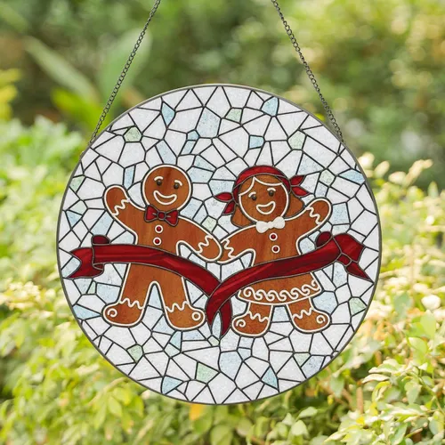 Gingerbread Couple Holding Hands Red Ribbon White Icy Blue Glass - Christmas Decor Stained Glass Suncatcher