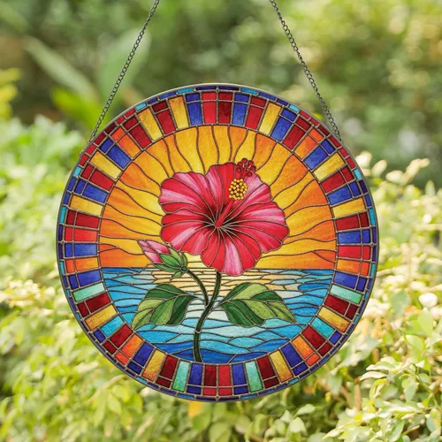 Red Pink Hibiscus Flower Tropical Ocean Sunset - Home Decor Gift for Garden Lover Stained Glass Suncatcher