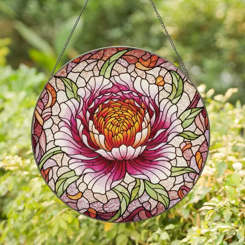 Multi-layered Peony Rose Flower Swirls Leaves Organic Shapes - Home Decor Gift Stained Glass Suncatcher