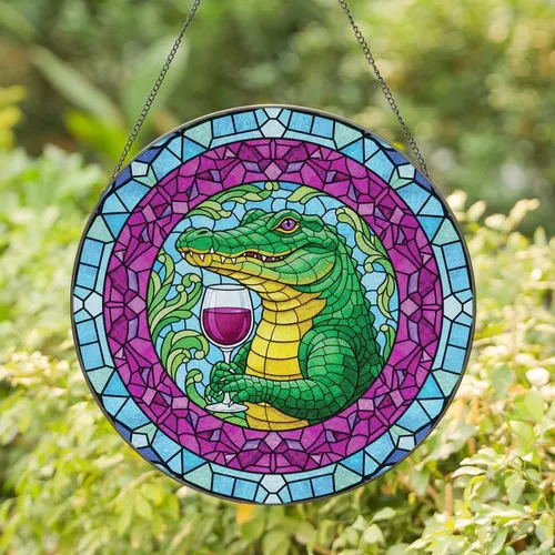 Proud Alligator Holding Stemmed Wine Glass Foliage Leaves Border - Home Decor Gift Stained Glass Suncatcher