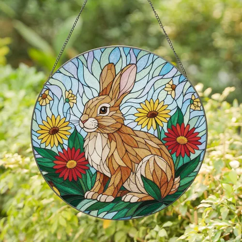 Rabbit Amidst Gerbera Daisies Floral Foliage - Home Decor Gift for Garden Lover Wildlife Lover Stained Glass Suncatcher