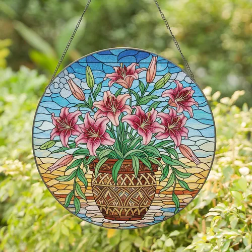 Stargazer Lilies Floral Bouquet Planter Pot - Home Decor Gift for Garden Lover Stained Glass Suncatcher