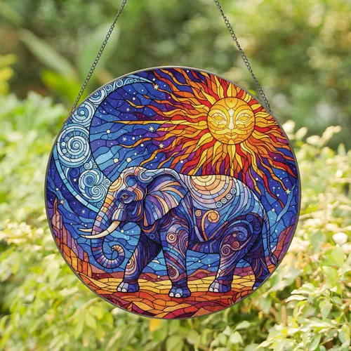 Elephant Crescent Moon Sunburst Cosmic Sky - Home Decor Gift for Elephant Lovers Stained Glass Suncatcher