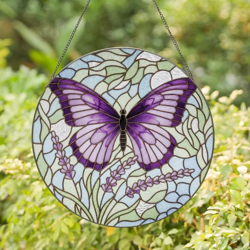 Violet Butterfly Lavender Flowers - Home Decor Gift for Butterfly Lover Stained Glass Suncatcher