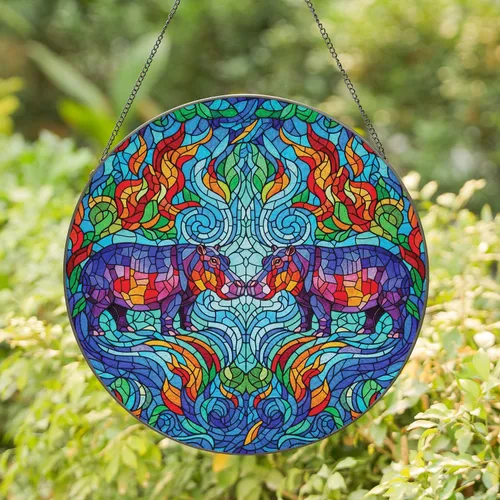Hippopotami Water Ripples Nose-to-Nose Mirror Pose Wildlife Lover Gift Stained Glass Suncatcher