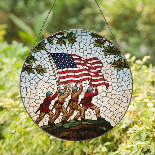 Iwo Jima Flag Raising Soldiers American Flag - Independence Day Gift for Veterans Stained Glass Suncatcher