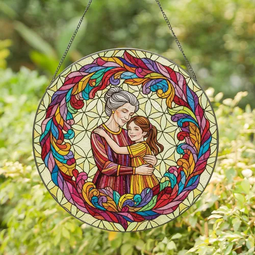 Woman Girl Loving Embrace Intersecting Circles Floral - Family Home Decor Gift Stained Glass Suncatcher