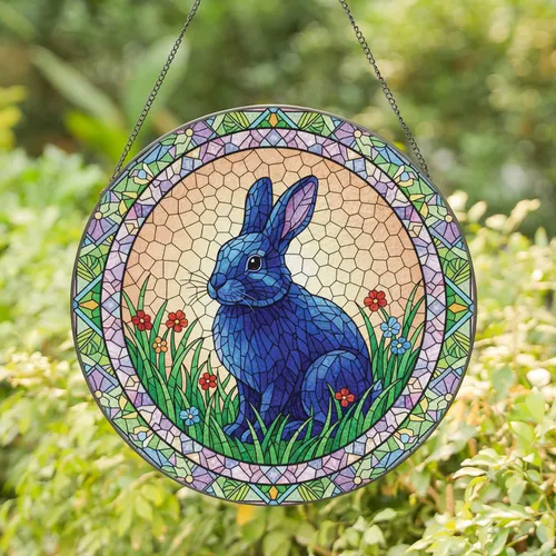 Dark Blue Rabbit Floral Stained Glass - Home Decor Gift for Rabbit Lovers Stained Glass Suncatcher