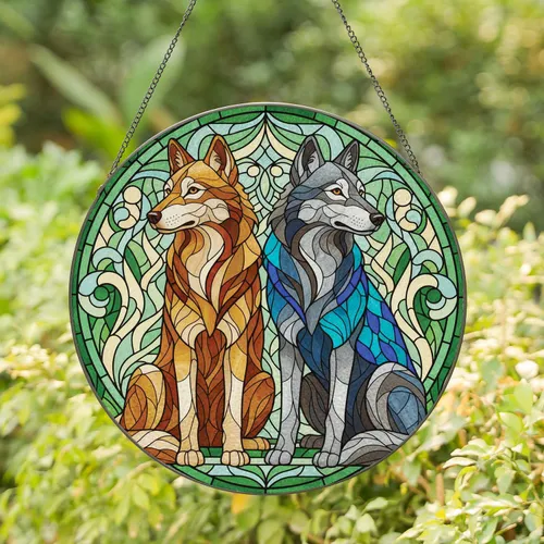 Stylized Wolf Dogs Geometric Mosaic - Home Decor Gift for Wildlife Lover Stained Glass Suncatcher