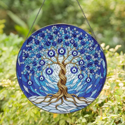 Tree of Life Evil Eye Charms Gnarled Trunk Crystal Beads Cosmic Sky Home Decor Gift Stained Glass Suncatcher