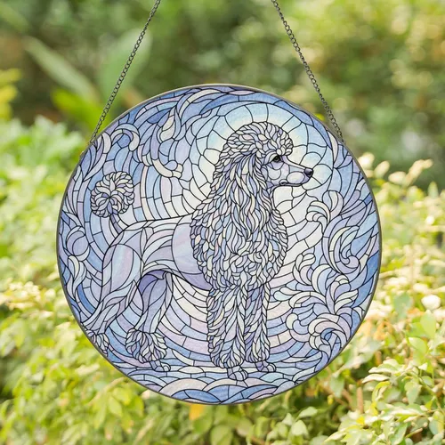 Poodle Dog Profile Curled Tail Organic Forms Light Rays - Home Decor Gift for Dog Lover Stained Glass Suncatcher