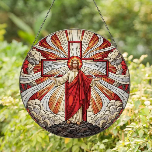 Jesus Christ Radiant Cross Stained Glass - Spiritual Home Decor Gift Stained Glass Suncatcher