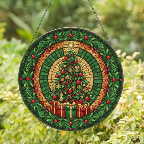 Christmas Tree Gold Star Baubles Presents Garlands Foliage - Christmas Home Decor Gift Stained Glass Suncatcher