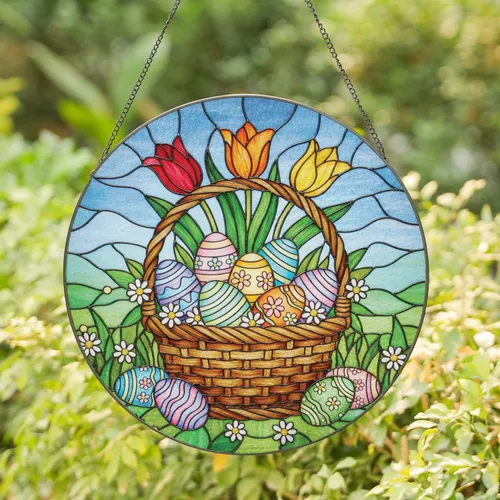 Woven Wicker Easter Basket Easter Eggs Tulips - Easter Holiday Decor Gift Stained Glass Suncatcher