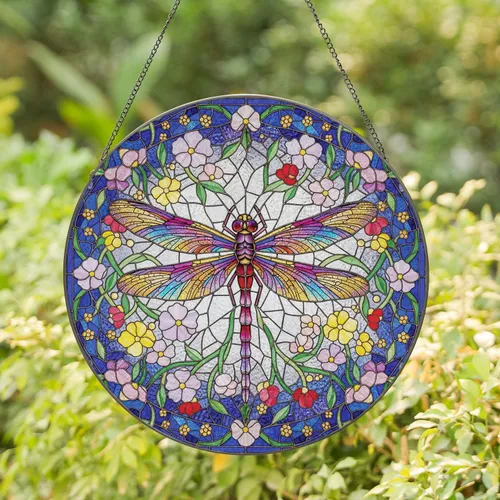 Dragonfly Flowers Deep Blue Purple Mosaic - Home Decor Gift for Collectors Stained Glass Suncatcher
