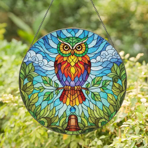 Owl Perched Branch Wind Chime Leaves Sky Clouds Foliage - Home Decoration Wildlife Gift Stained Glass Suncatcher