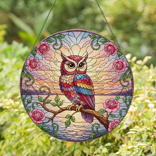 Owl Perched Branch Pink Roses Green Vines Sunset Sky Swirling Clouds - Wildlife Lover Gift Stained Glass Suncatcher