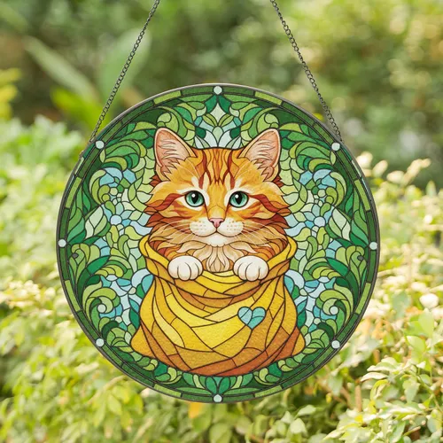 Fluffy Orange Tabby Kitten Peeking Pouch - Home Decor Gift for Cat Lover Stained Glass Suncatcher