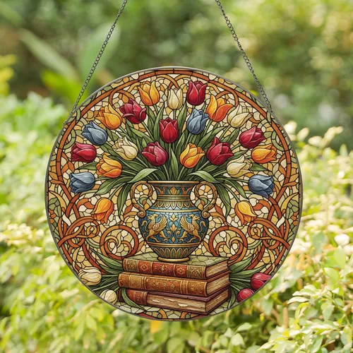 Antique Amphora Vase Tulip Bouquet Books - Home Decor Gift for Garden Lover Stained Glass Suncatcher