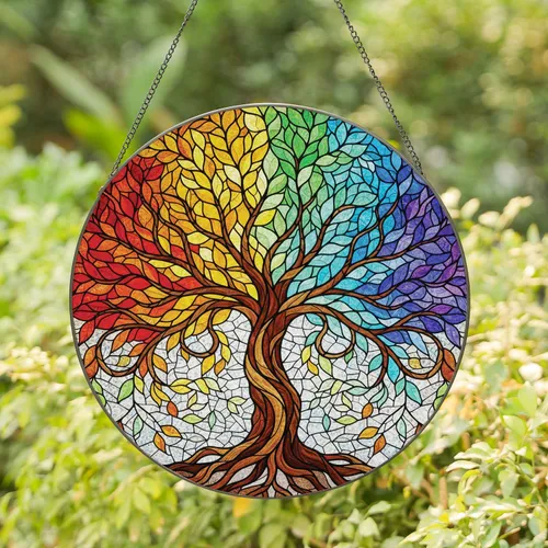 Tree of Life Rainbow Gradient Leaves Gnarled Trunk Stylized Branches - Home Decor Gift Stained Glass Suncatcher