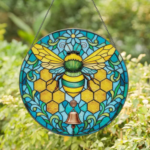 Cheerful Bumblebee Honeycomb Floral Mosaic - Home Decor Gift for Wildlife Lover Stained Glass Suncatcher