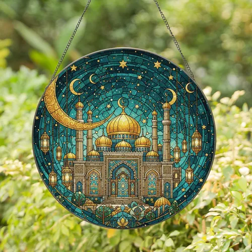 Ornate Mosque Palace Golden Domes Crescent Moon Stars - Home Decor Gift Stained Glass Suncatcher