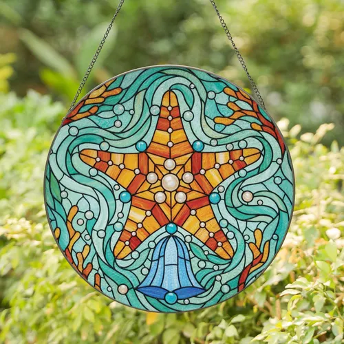 Starfish Pearl Accents Teal Beads Bell Coral Bubbles Water - Everyday Home Decor Gift Stained Glass Suncatcher