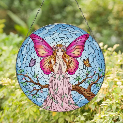 Fairy Butterfly Flower Crown Tree Branch - Nature Lover Home Decor Gift Stained Glass Suncatcher