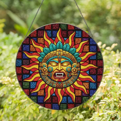 Mesoamerican Sun Deity Face Flame Rays Geometric Tribal Symbols Mosaic - Home Decor Gift Stained Glass Suncatcher