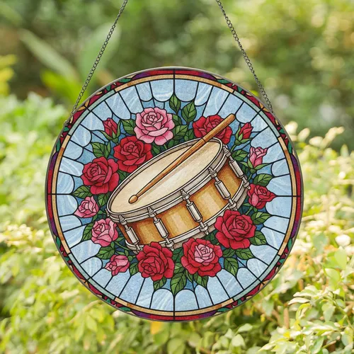 Snare Drum Drumstick Red Pink Roses Thorns Green Leaves Musician Home Decor Gift Stained Glass Suncatcher