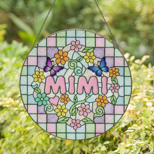 Mimi Bubbly Letters Butterflies Flowers Heart Swirl - Home Decor Gift for Mimi Stained Glass Suncatcher