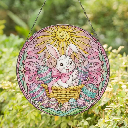 White Bunny Easter Basket Easter Eggs Sun Flowers - Spring Holiday Decor Gift Stained Glass Suncatcher