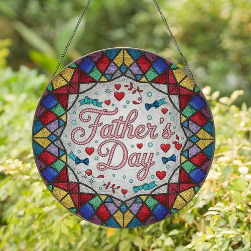 Father's Day Script Red Hearts Blue Bow Ties Geometric Facets - Gift for Dad Stained Glass Suncatcher